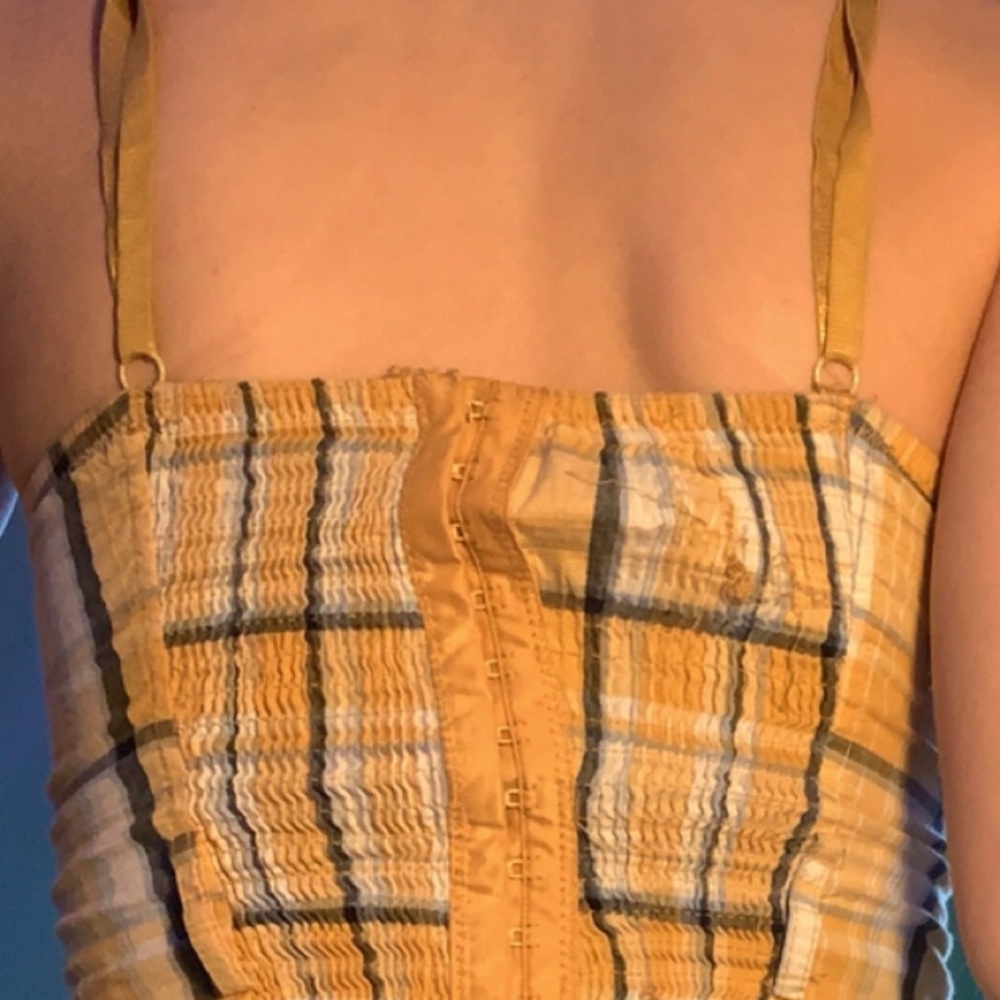 Yellow, plaid, corset top.